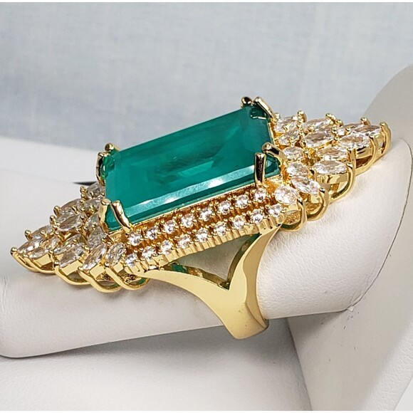 Signed Princess Doublet Natural Emerald with CZ 18KGL Size 9 Cocktail Ring - Picture 8 of 16